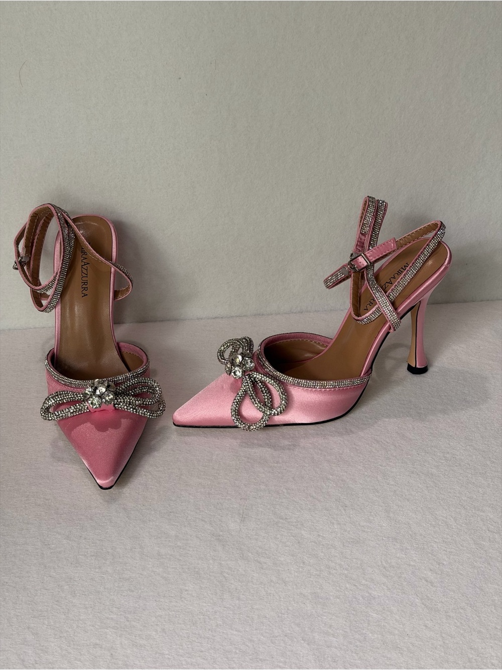 Pink Satin Crystal Bow Pointed Slingback Heels